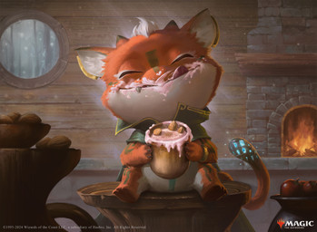 anthro apple beverage cape clothing detailed_background eggnog food forest fruit fur holding_beverage holding_object inside male nut_(fruit) orange_body orange_fur plant sitting smile snow solo tail text tongue tongue_out tree wall_(structure) window wood wood_wall arif_wijaya hasbro magic:_the_gathering wizards_of_the_coast loot_(magic:_the_gathering) fomori_(magic:_the_gathering) 2024 digital_media_(artwork) english_text hi_res official_art