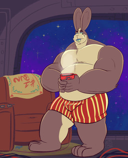 anthro armchair bottomwear boxers_(clothing) brown_body buckteeth chair clothing container cup furniture holding_object long_ears male mug muscular muscular_male rabbit_ears red_bottomwear red_clothing solo space teeth underwear jasperthecrab nintendo star_fox peppy_hare lagomorph leporid mammal rabbit absurd_res hi_res