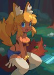 animal_ears bandeau blonde_hair blue_bottomwear blue_clothing blue_eyes blue_shorts bottomwear breasts clothing female grass hair hotpants inner_ear_fluff legwear midriff navel open_mouth outside plant pointy_ears ponytail prick_ears shorts solo tail thigh_highs topwear tree tuft whiskers yellow_ears yellow_tail bacun magical_pokaan liru_(magical_pokaan) animal_humanoid canid canid_humanoid canine canine_humanoid humanoid mammal mammal_humanoid tailed_humanoid wolf_humanoid 2023 absurd_res hi_res
