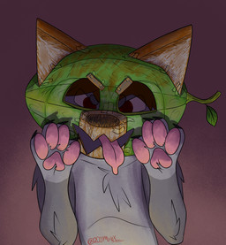 anthro brown_hair cardboard food fruit fur grey_body grey_fur hair jumpscare male mask melon pawpads paws pink_pawpads pink_tongue plant raised_paw red_eyes solo tongue 2001maxx conditional_dnp maxx_(2001maxx) canid canine canis domestic_dog husky mammal nordic_sled_dog spitz hi_res