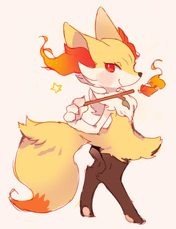 4_fingers ambiguous_gender anthro arm_tuft black_body black_fur black_nose blush cheek_tuft chest_tuft dipstick_tail facial_tuft fingers fire fur holding_object inner_ear_fluff leaf looking_at_viewer markings orange_body orange_eyes orange_fur pawpads pink_pawpads shoulder_tuft side_view simple_background smile solo star stick tail tail_markings tuft white_background white_body white_fur yellow_body yellow_fur methyl_key nintendo pokemon braixen canid canine generation_6_pokemon mammal pokemon_(species) 2013