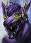 anthro black_gums black_insides black_mouth black_tongue bodily_fluids fur headgear male open_mouth purple_body purple_fur roaring saliva saliva_string science_fiction solo teeth tongue biological canid canine mammal unknown_species 2014 shaded