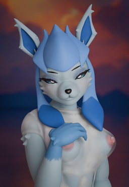 anthro areola breasts butt clothing female female_anthro hair nipples pink_areola pink_nipples small_breasts solo zhenash nintendo pokemon eeveelution generation_1_pokemon generation_4_pokemon glaceon pokemon_(species) 3d_(artwork) absurd_res blender_(artwork) digital_media_(artwork) hi_res