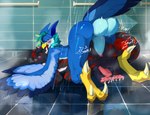 anal anal_penetration anthro avian avius_volante balls bathroom beak big_balls big_penis bird blue_body blue_eyes blush breath canid canine canis claws duo ear_nibble feathers feet felid floor genitals glistening hair hi_res huge_balls huge_penis humanoid_genitalia humanoid_penis hybrid hyper hyper_balls hyper_genitalia hyper_penis male male/male male_penetrated male_penetrating male_penetrating_male mammal moan musk musk_clouds pantherine panting pawpads paws penetration penis plap_(sound) red_hair reflection running_water sex shiromell shower smack_(sound_effect) spark_the_tigerwolf spurting_sound_effect steam tail tail_feathers talons thrusting_sound_effect tiger tile tile_floor toes turquoise_hair water water_reflection wings wolf