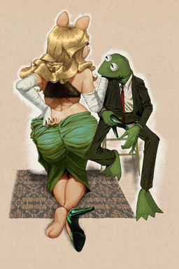 anthro anthro_on_anthro armwear big_butt blonde_hair bra butt clothed clothed_male clothing collared_shirt curled_tail dress_shirt duo elbow_gloves eyelashes feet female female_anthro footwear fully_clothed fully_clothed_male gloves green_body hair handwear high_heels holding_clothing holding_footwear holding_object holding_shoes interspecies kneeling lace_bra lingerie looking_at_another male male/female male_anthro necktie one_shoe_on partially_clothed_female rug shirt shoes sitting suit tail topwear underwear undressing imtoffe muppets the_muppet_show kermit_the_frog miss_piggy amphibian domestic_pig frog mammal suid suine sus_(pig) 2025 2:3 absurd_res hi_res inspired_by_formal_art signature