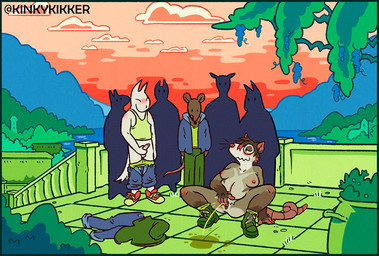 anthro areola aroused audience balls being_watched bodily_fluids breasts bulge butt clothes_on_ground clothing cloud crouching detailed_background female female_peeing footwear footwear_only genital_fluids genitals group highlights_(coloring) looking_at_another male masturbation mostly_nude mountain nipples nude nude_anthro nude_female outside peeing penile penile_masturbation penis plant presenting public_masturbation public_urination red_highlights shoes shoes_only shrub tail urine urine_stream vulva kinkykikker american_opossum canid canine mammal marsupial mouse murid murine rodent 2025