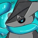 anthro black_sclera blue_eyes grey_body half-closed_eyes heart_symbol looking_at_viewer male narrowed_eyes scar smile smirk solo tongue tongue_out thepyrokitty nintendo pokemon side_b side_beta_(greninja) amphibian frog generation_6_pokemon greninja pokemon_(species) shiny_pokemon 1:1 bust_portrait portrait