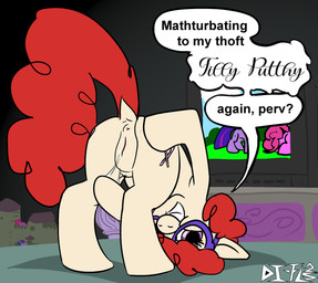 bed electronics female feral furniture genitals looking_at_viewer on_bed presenting solo television vulva young di-fl friendship_is_magic hasbro my_little_pony pinkie_pie_(mlp) twilight_sparkle_(mlp) twist_(mlp) earth_pony equid equine horse mammal pony film_grain hi_res