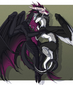 2_horns accessory back_mane back_wings bent_legs black_body black_feathers black_fur black_membrane black_scales black_toe_claws blue_horn bone claws closed_smile countershade_face countershade_neck countershade_scales countershade_torso countershading crescent_moon_(marking) cuddling dorsal_frill drop_shadow duo ear_markings eyes_closed feathered_wings feathers feet female female_feral feral frill_(anatomy) fur furgonomics gradient_membrane gradient_wings grey_background grey_body grey_fur grey_hair grey_mane hair head_crest head_frill head_horn horn horn_accessory hug intimate intraspecies jewelry lying male male/female male_feral mane markings membrane_(anatomy) membranous_wings moon_(marking) mouth_closed necklace on_side pointy_ears purple_body purple_countershading purple_markings purple_membrane purple_scales red_eyes ridged_horn scales scutes short_horn simple_background skull small_horn smile tail tail_mane tapering_tail text toe_claws touching_back touching_chest touching_shoulder ventral_scales white_bars white_body white_countershading white_feathers white_feet white_fur white_markings white_toe_claws wing_claws wings feathered_diva european_mythology mythology ender_(endermoonfur) virul dragon furred_dragon furred_scalie mythological_creature mythological_scalie scalie western_dragon winged_dragon artist_name commissioner_name digital_media_(artwork) hi_res letterbox shaded