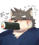 anthro asian_clothing blush cheek_bulge clothing east_asian_clothing ehomaki eyebrows food japanese_clothing kimono makizushi male scar solo struggling sushi thick_eyebrows zuboboz lifewonders setsubun tokyo_afterschool_summoners moritaka_(tas) canid canine canis domestic_dog mammal absurd_res hi_res