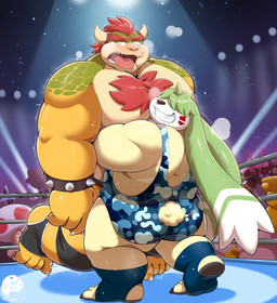 anthro body_hair breath butt chest_hair duo fighting_ring grin hair hair_over_eyes horn long_ears male male/male musclegut muscular panting pecs shell smile spiked_shell spikes spikes_(anatomy) wrestler wrestling wrestling_singlet uwsponge bandai_namco digimon mario_bros nintendo bowser angoramon digimon_(species) gargomon hybrid koopa scalie hi_res