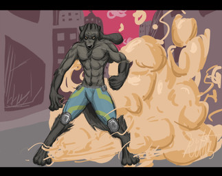 4_fingers 4_toes abs anthro biped black_body black_fur black_nose bottomwear city clothed clothing dreadlocks dust_cloud feet fingers fur knee_pads male muscular muscular_anthro muscular_male pink_sky shorts sky solo toes topless yellow_eyes ritts ethan_white domestic_ferret mammal mustelid musteline true_musteline weasel 2007 letterbox signature