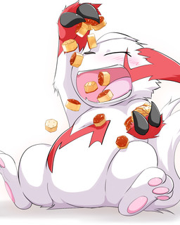 3_toes ambiguous_gender anthro biped claws eating feet open_mouth pawpads simple_background sitting solo teeth toes white_background chirasgi nintendo pokemon generation_3_pokemon pokemon_(species) zangoose 2015 4:5