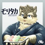 anthro asian_clothing blue_eyes clothing dango_(food) east_asian_clothing eyebrows fluffy fur grey_body grey_fur japanese_clothing kimono male plate solo thick_eyebrows satoshijoga1 lifewonders tokyo_afterschool_summoners moritaka_(tas) canid canine canis domestic_dog mammal 1:1 hi_res