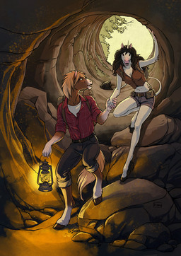 anthro belt biped bottomwear cave clothed clothing collared_shirt denim denim_bottomwear denim_clothing detailed_background dress_shirt duo female fur hair hand_holding holding_object hooves horn jeans lamp lantern male midriff navel open_mouth pants shirt tail topwear undershirt skitalets mythology equid equine horse mammal mythological_creature mythological_equine unicorn hi_res