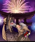 anthro asian_clothing clothing duo east_asian_clothing female fireworks japanese_clothing kemono kimono kissing male male/female size_difference tall lamanstin_(artist) twokinds bilberryfryst eugeniyburnt_(character) fan_character basitin canid canine canis coyote fox hybrid keidran mammal red_fox silver_fox true_fox hi_res