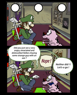 clothing duo facial_hair hat headgear headwear mustache pink_body scared scared_expression scared_face text monkeycheese zikadraws cartoon_network courage_the_cowardly_dog luigi's_mansion mario_bros nintendo courage_the_cowardly_dog_(character) luigi beagle canid canine canis domestic_dog humanoid hunting_dog mammal scent_hound comic crossover english_text hi_res