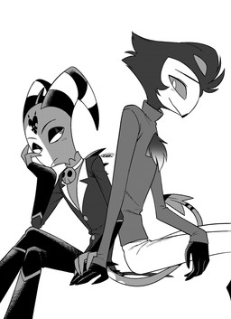 anthro cleavage_cutout clothed clothing cutout duo hand_holding male simple_background spade_tail tail white_background enaic31 hellaverse helluva_boss blitzo_(helluva_boss) stolas_(helluva_boss) avian bird demon humanoid imp owl owl_demon absurd_res hi_res monochrome