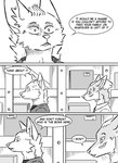absurd_res anthro black_and_white box braun_(kifyun2) canid canine clothed clothing comic container dialogue duo ear_piercing english_text fox hi_res inner_ear_fluff inside kif_yppreah kifyun2 male mammal monochrome piercing shirt simple_background speech_bubble text topwear tuft warehouse