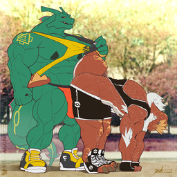 abs anthro arm_tattoo armpit_hair athletic_wear bent_over big_bulge body_hair bulge duo grey_body_hair huge_bulge male male/male mature_male muscular muscular_anthro muscular_male nipples pecs shoulder_tattoo tail_wrapped_around_body tattoo teasing danandnite mythology nintendo pokemon dinosaur dragon fossil_pokemon generation_3_pokemon generation_6_pokemon legendary_pokemon mythological_creature mythological_scalie pokemon_(species) prehistoric_species rayquaza reptile scalie tyrantrum 1:1