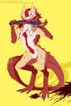 ambiguous_gender anthro blood blue_eyes bodily_fluids brown_body brown_fur claws featureless_crotch forked_tongue fur gore knife kukri looking_at_viewer messy nude open_mouth red_body red_fur sharp_teeth simple_background solo tail teeth text tongue tongue_out white_body white_fur yellow_background sidgi drakken_(sergal) sergal 2017 english_text