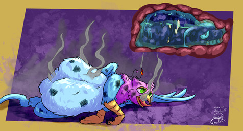 abdominal_bulge avian_feet beak blue_body bodily_fluids death digestion duo feathered_crest feathered_wings feathers feral feral_pred feral_prey green_eyes head_crest internal male male_pred male_prey organs paws pink_body quadruped singed_fur size_difference smaller_pred smoking stinger stomach stomach_acid tail tail_tuft tuft vore wings gyrotech silent_e mythology gyro_feather hertz_(halofreaks) avian bird galliform gryphon mythological_avian mythological_creature peafowl phasianid zorgoia hi_res