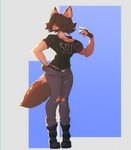 anthro big_breasts biped boots bottomwear breasts brown_body brown_fur brown_hair cleavage clothed clothing dipstick_ears dipstick_tail ear_markings female female_anthro footwear freckled_breasts freckled_face freckles fully_clothed fur grin hair hair_over_eyes hand_on_hip markings multicolored_ears pants shirt shoes simple_background slim_anthro smile solo standing tail tail_markings topwear titanogoro louise_(strayed) gulonine mammal marten mustelid musteline pine_marten digital_drawing_(artwork) digital_media_(artwork) full-length_portrait hi_res portrait