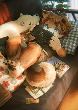 anthro black_clothing black_shirt black_topwear book claws clothing dinosaur_print fangs furniture gaming holding_nintendo_switch kemono lying male on_back on_sofa open_mouth pawpads playing_video_game print_clothing print_shirt print_t-shirt print_topwear shirt sofa solo t-shirt teeth text toe_claws topwear young young_anthro young_male nishiko24 nike nintendo nintendo_switch nintendo_switch_2 canid canine canis domestic_dog mammal 2026 cel_shading digital_drawing_(artwork) digital_media_(artwork) english_text hi_res japanese_description shaded