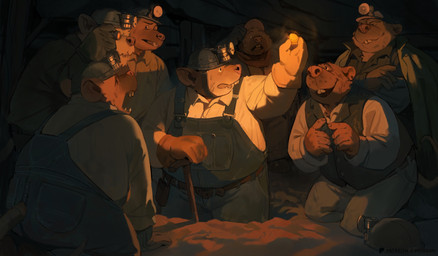 anthro armor biped bottomwear clothing detailed_background gold_(metal) group hard_hat headgear helmet kemono male miner open_mouth overalls overweight overweight_male pants shirt smile surprised topwear hoggan mammal murid murine rat rodent 2025 hi_res