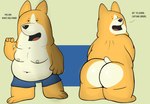 anthro belly black_nose brown_body butt clothing dialogue humanoid_hands male moobs navel nipples overweight overweight_male solo text underwear sebboh dogs_in_space garbage_(dogs_in_space) canid canine canis domestic_dog herding_dog mammal pastoral_dog welsh_corgi english_text hi_res