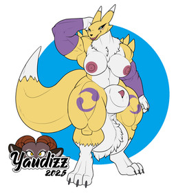 animal_genitalia anthro ball_tuft balls big_balls big_breasts big_penis big_sheath breasts genitals gynomorph herm huge_balls huge_sheath hyper hyper_balls hyper_genitalia hyper_sheath intersex muscular muscular_anthro muscular_intersex nipples penis sheath solo thick_thighs tuft yaudizz bandai_namco digimon digimon_(species) renamon hi_res