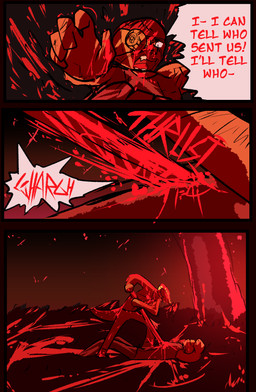 anthro blood bodily_fluids clothed clothing dialogue duo female gore horn killing male melee_weapon speech_bubble sword tail text weapon brradett lernie_(brradett) human mammal scalie absurd_res comic digital_media_(artwork) english_text hi_res