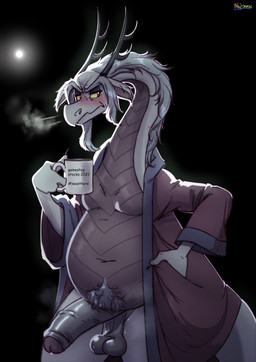 anthro balls big_penis blush clothing coffee_mug elderly_male genitals grey_body hand_in_pocket horn male penis pockets pubes red_eyes robe slightly_chubby solo wide_hips doronkomajo little_witch_academia mythology studio_trigger fafnir_(little_witch_academia) dragon eastern_dragon mythological_creature mythological_scalie scalie 2026 hi_res
