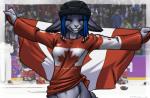 anthro armor blue_hair bottomless canada canadian_flag clothed clothing female hair headgear helmet heterochromia hockey ice jersey maple_leaf midriff shirt smile solo sport team_canada text text_on_clothing text_on_shirt text_on_topwear topwear furball nike sochi_2014 furball_(character) canid canine domestic_cat felid feline felis fox hybrid kittysune mammal english_text