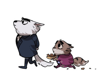 anthro black_nose bottomwear chibi clothing duo food male necktie pants shirt simple_background slightly_chubby topwear walking white_background dududud_duu illumination_entertainment sing_(movie) jerry_(sing) jimmy_crystal canid canine canis domestic_cat felid feline felis mammal wolf 2022