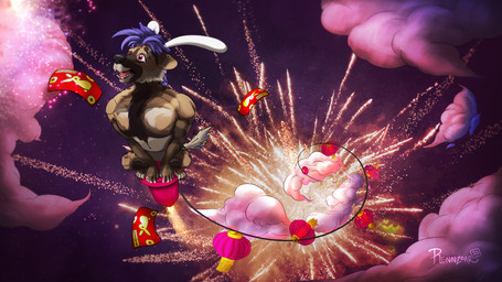 anthro bunny_costume clothing costume explosion fake_ears fake_rabbit_ears fireworks himbobangings holidays lamp lantern male red_packet rocket solo rennzoar new_year new_year_2023 hyena mammal 16:9 hi_res widescreen