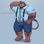 anthro belly big_belly bottomwear bulge clothing hat headgear headwear kemono male necktie overweight overweight_male shirt shorts simple_background solo suspenders text topwear jumperbear polidog_patrol fugofuga mammal suid suina sus_(pig) wild_boar 1:1 2022 absurd_res hi_res url