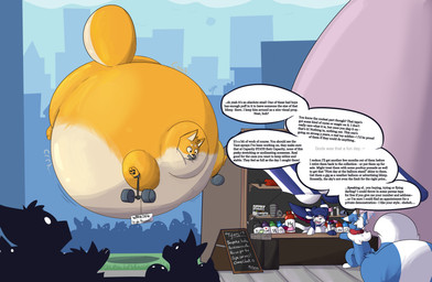 air_inflation black_outline black_text blue_body blue_fur city cityscape corkboard dialogue fur grey_text hyper hyper_inflation inflation long_tail outline shadow silhouette speech_bubble tail taped_mouth text weights white_body white_fur extraextisential nintendo pokemon dangl_(extraextisential) generation_6_pokemon meowstic pokemon_(species) 2025 absurd_res english_text hi_res