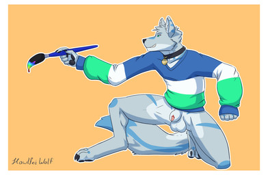 animal_genitalia animal_penis anthro balls blue_markings border bottomless brush canine_genitalia canine_penis claws clothed clothing collar fur genitals green_eyes grey_body grey_fur kneeling male markings multicolored_body oversized_clothing oversized_shirt oversized_topwear paint paintbrush pawpads paws penis sheath shirt shirt_only simple_background smile solo sweater teeth topwear topwear_only two_tone_body white_border howlfeiwolf canid canine canis mammal wolf absurd_res cel_shading digital_drawing_(artwork) digital_media_(artwork) hi_res shaded
