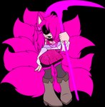 5_fingers 9_tails anthro big_breasts black_sclera boots bottomwear breasts clothing female fingers footwear fur grey_clothing grey_legwear grey_stockings holding_melee_weapon holding_object holding_polearm holding_scythe holding_weapon legwear melee_weapon multi_tail pink_body pink_bottomwear pink_clothing pink_eyes pink_fur pink_skirt polearm scythe shoes skirt smile solo stockings tail weapon xxseraphimphobiaxx glitchtale sega sonic.exe_(creepypasta) sonic_the_hedgehog_(series) undertale undertale_(series) bete_noire canid canine fox fox_spirit mammal absurd_res alpha_channel hi_res