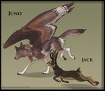 antlers black_border border collar duo female feral horn karlekat male male/female paws wings juno_lore turok_lore canid canine canis jackalope lagomorph mammal wolf