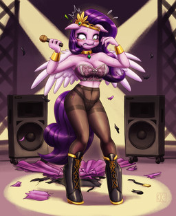 anthro blush bodily_fluids boots bra breasts clothing collarbone ears_down electronics emanata exclamation_point eyebrows eyelashes feathered_wings feathers female flying_sweatdrops footwear hair legwear loudspeaker microphone navel panties pantyhose pink_body pivoted_ears purple_hair shoes solo strapless_bra strapless_clothing strapless_underwear string_panties sweat sweatdrop underwear wardrobe_malfunction wings king-kakapo hasbro mlp_g5 my_little_pony mythology pipp_petals_(mlp) equid equine mammal mythological_creature mythological_equine pegasus 2026 absurd_res hi_res