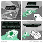 1:1 ambiguous_gender amphibian bone comic dialogue duo english_text feral frog green_body leaf outside skull skullbird spirit text