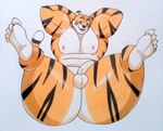 anthro balls big_butt big_muscles black_stripes butt feet fur genitals green_eyes hands_behind_head huge_butt huge_thighs humanoid_genitalia humanoid_penis male muscular muscular_anthro muscular_male nipples open_mouth orange_body orange_fur pecs penis pink_nipples pink_tongue simple_background solo stripes thick_thighs tongue white_background white_balls white_feet white_penis cnb2804 lucky_(cnb2804) felid mammal pantherine tiger 2024 hi_res traditional_media_(artwork)