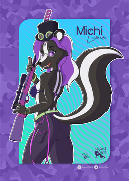 anthro biped black_body black_bottomwear black_clothing black_fur black_hat black_headwear black_nose black_pants bottomwear breasts claws clothed clothing countershade_fur countershade_torso countershading eyebrows eyewear female fur glasses gun hair hat headgear headwear highlights_(coloring) holding_gun holding_object holding_ranged_weapon holding_weapon long_hair looking_at_viewer open_mouth pants pince-nez purple_hair ranged_weapon rifle side_view small_breasts sniper_rifle solo standing teeth text tongue top_hat weapon wearing_glasses white_body white_countershading white_fur white_highlights lizardage mammal mephitid skunk 2026 absurd_res character_name hi_res spanish_description