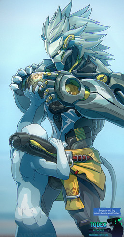balls big_penis bodily_fluids bottomwear butt clothing clothing_aside duo erection faceless_character faceless_male foreskin genital_fluids genitals glowing glowing_eyes huge_penis machine male male/male muscular muscular_male nude penis precum size_difference smaller_human tail todex mihoyo zenless_zone_zero banyue_(zenless_zone_zero) human humanoid mammal robot hi_res