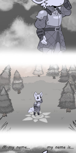 anthro armor fantasy male solo text critters_of_evervail liam_(critters_of_evervail) canid canine canis coyote mammal absurd_res comic english_text hi_res long_image tall_image