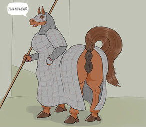 animal_genitalia animal_vulva anus armor bedroom_eyes big_breasts big_butt breasts brown_body brown_eyes brown_fur butt clothing dialogue equine_anus equine_genitalia equine_vulva female female_taur fur genitals half-closed_eyes headgear headwear holding_object holding_weapon hooves looking_back melee_weapon narrowed_eyes offering_sex open_mouth presenting presenting_anus presenting_hindquarters presenting_vulva puffy_anus quadruped raised_tail seductive smile solo speech_bubble standing tail text thick_thighs topwear vulva weapon wide_hips snakedakyoot centaur_cataphract equid equid_taur equine equine_taur horse horse_taur mammal mammal_taur taur digital_media_(artwork) english_text hi_res