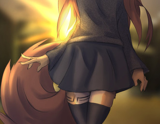 anthro black_nails bottomwear brown_body brown_fur brown_hair clothed clothing colored_nails curled_tail faceless_character faceless_female female female_anthro fur hair leg_markings leg_tattoo leg_tuft legwear long_hair markings nails outside shirt skirt slim solo sun tail tattoo thigh_highs topwear tuft tinygaypirate apogee_(tinygaypirate) canid canine canis domestic_dog mammal spitz digital_media_(artwork) hi_res