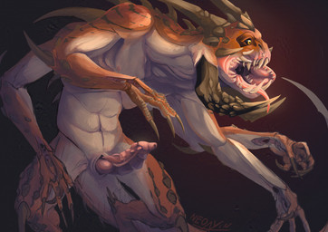 4_arms animal_genitalia anthro claws finger_claws genital_slit genitals horn male multi_arm multi_limb muscular muscular_male sharp_teeth solo spikes teeth teeth_showing tusks neo_yin baldur's_gate baldur's_gate_3 larian_studios monster slayer_(baldur's_gate) absurd_res hi_res painting_(artwork)